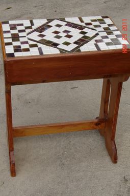 Custom Made Multi Leveled Mosaic End Table With White Tiles And Green & Burgandy Glass