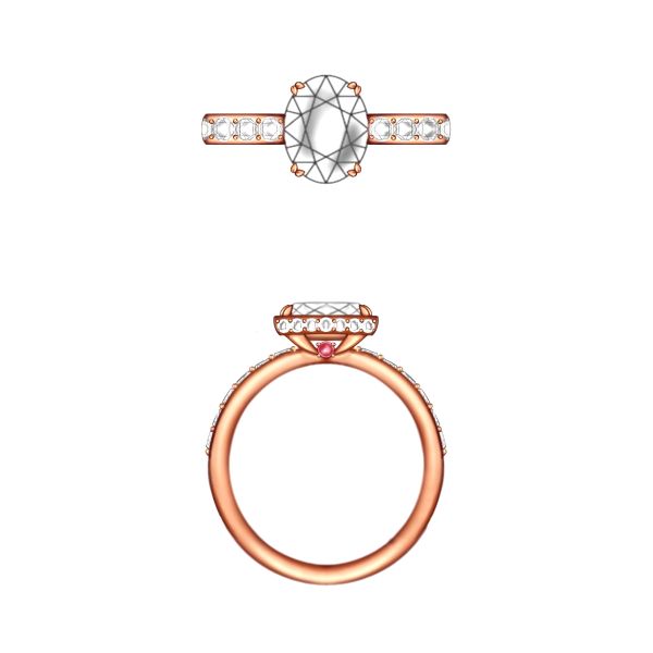 Tapered, claw-like double-prongs contrast with the oval cut moissanite center stone and round moissanite accents adorning this rose gold engagement ring.