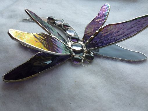 Custom Made Double Winged Dragonfly Stained Glass Art In Purple