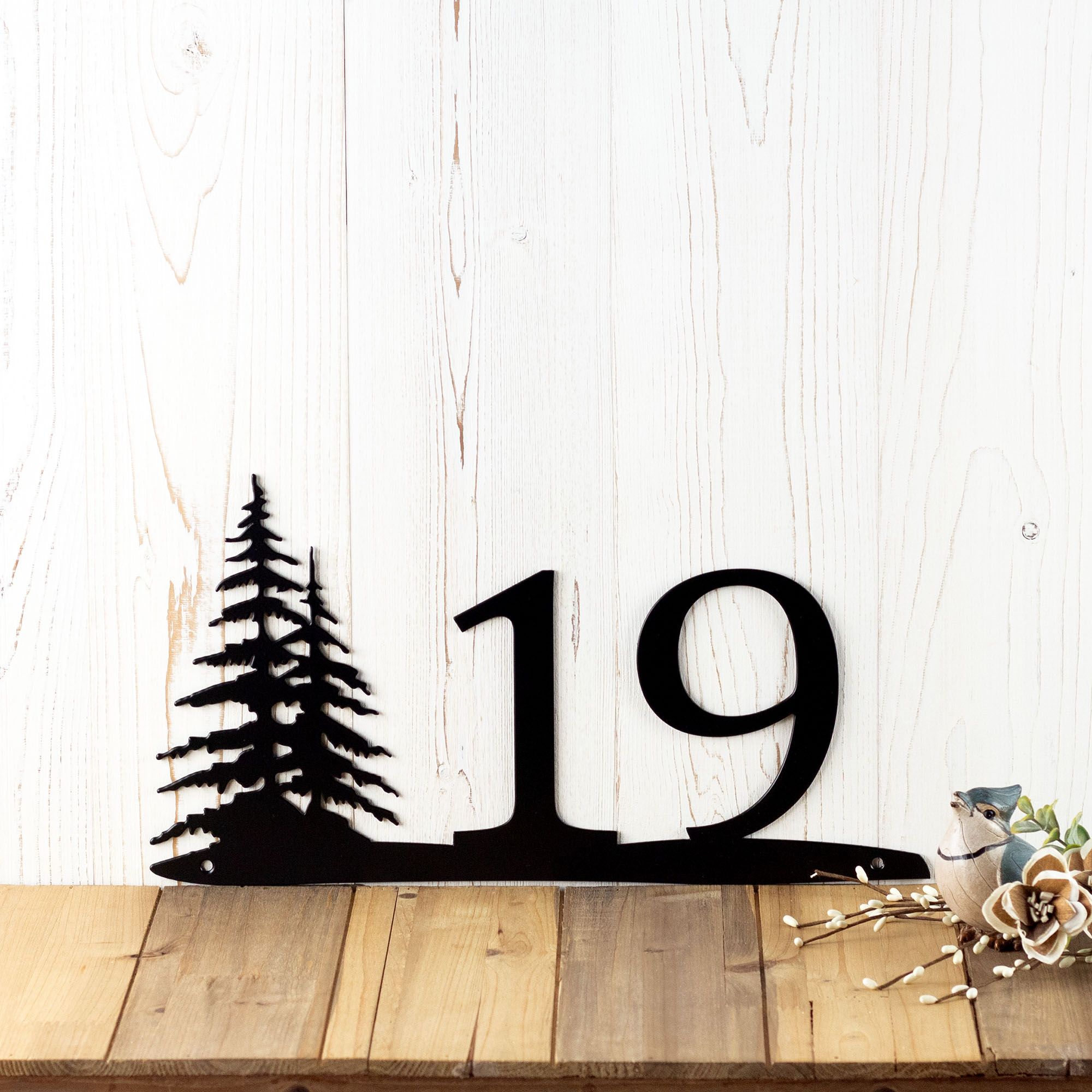 Buy Hand Made House Number Metal Plaque With Pine Trees, made to order