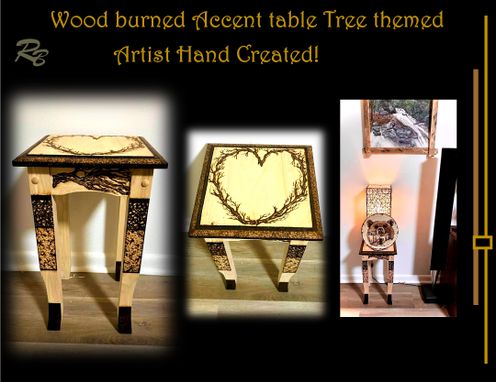 Custom Made Custom, Side Table, End Table, Accent Table, Wood Burned Images,