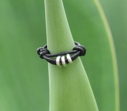 Custom Made Ring / Adjustable Ring: Black Leather With Three Silver Beads
