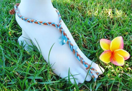 Custom Made Tan Deerskin Slave Anklet. Boho Chic. Blue Heart Swarovski Crystal. Beach Jewelry. Made In Maui.