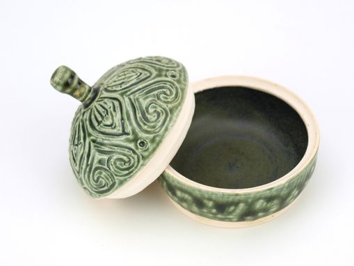 Custom Made Green Ash Hand Carved Lidded Jar Heart Leaf Drip Black Interior Wheel Ceramic Stoneware Pottery