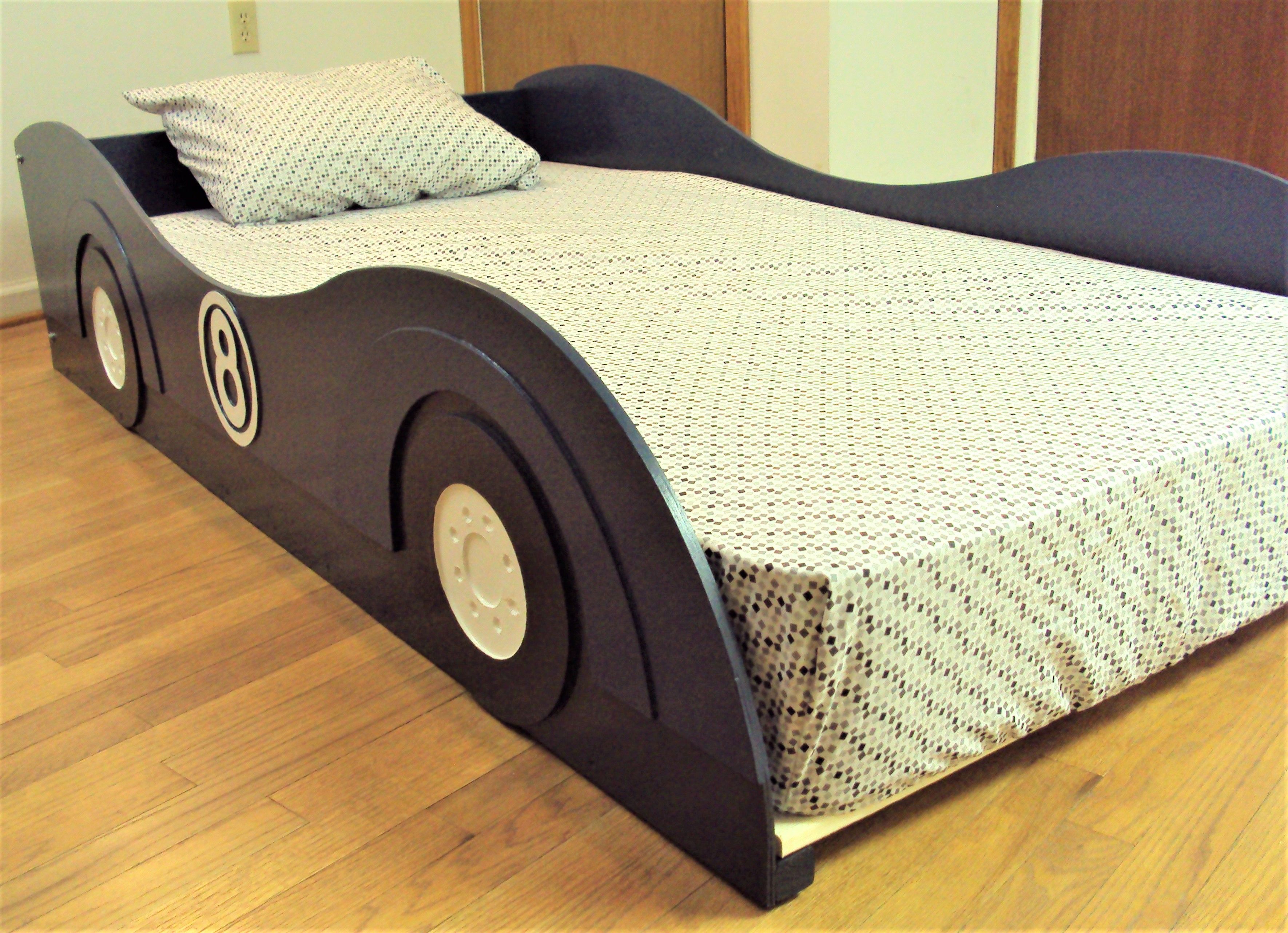 Hand Made Stylized Sportscar Twin Kids Bed Frame Handcrafted Race Car Themed Children's