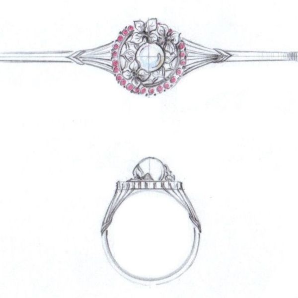 Sketches for a sweet floral ring with a partial ruby halo and flower details surrounding a center pearl.