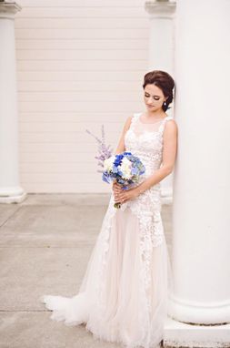 Custom Made Blush Pink Ivory Sheer All Over Lace Wedding Dress (Style #Ashley Pb070)