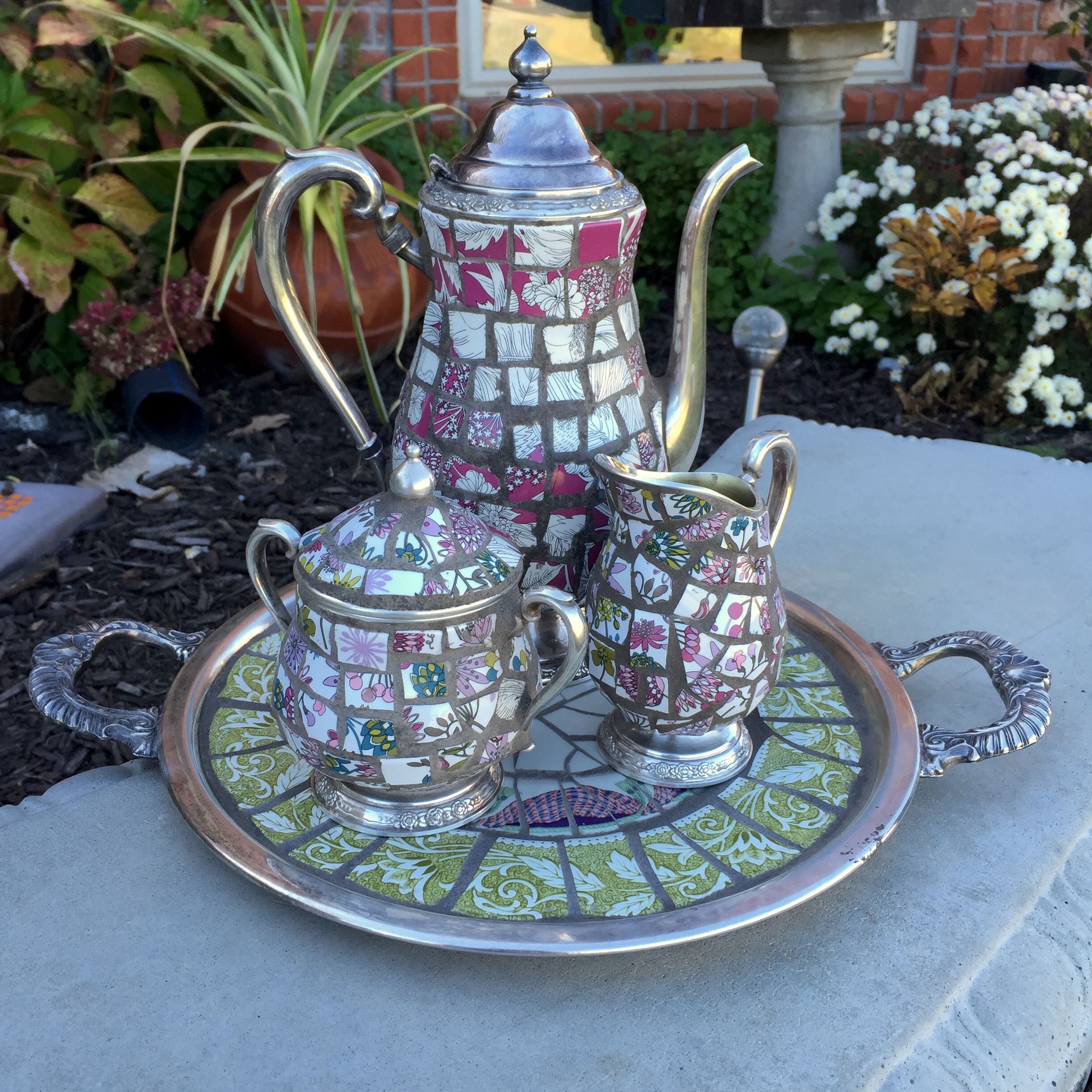 Buy Hand Crafted Mosaic Silver Teapot Decorated With Broken China, made