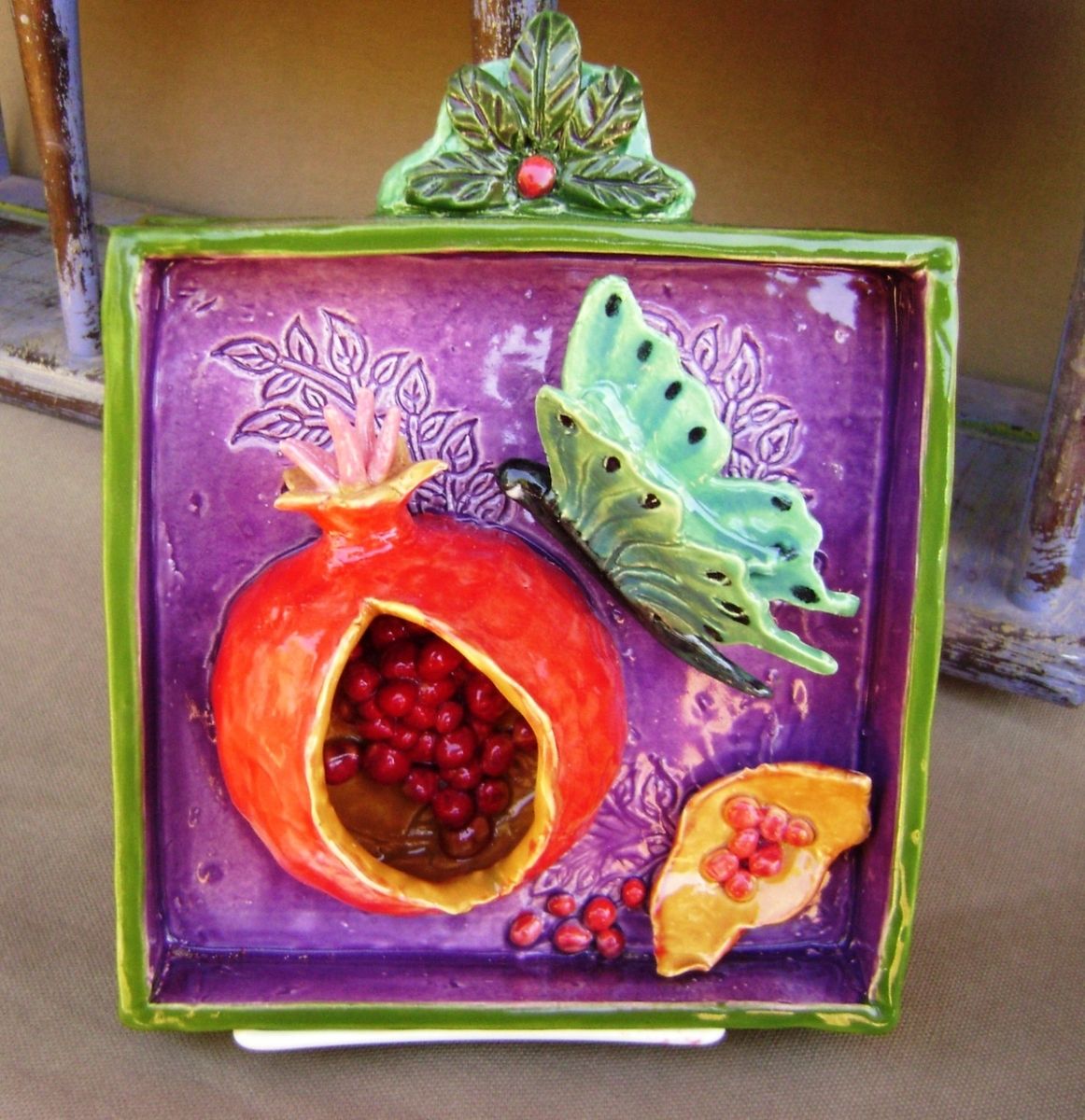 Hand Made Pomegranate Butterfly Ceramic Shadow Box Wall Hanging, Ready