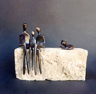 Custom Made Family Of Three, Small Bronze Sculpture With Cat