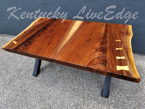 Custom Made Modern Live Edge Walnut Coffee Table- Natural Dark Wood- Black Steel Legs- X Style Bases
