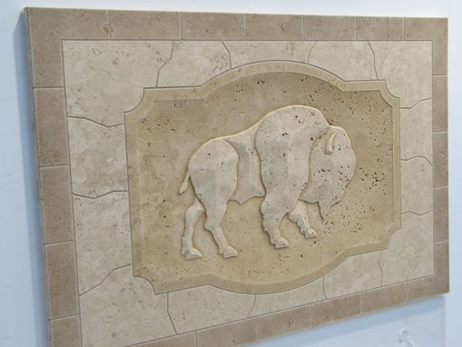 Custom Made Carved Buffalo Mosaic Tile Mural 16" X 24"