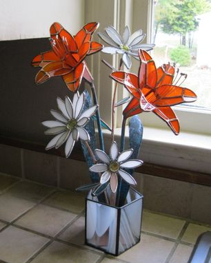 Custom Made Tiger Lilies And Daisies In Stained Glass- Centerpiece/ Sculpture