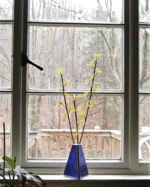 Custom Made Forsythia Branches- Flame Worked Glass And Copper In Grass Green Stained Glass Vase