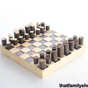 Tournament size wooden chess board with carved border and wooden pieces —  Three Trees Workshop