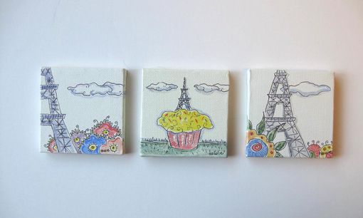 Custom Made Art- Cupcake On The Eiffel Tower Original Acrylic Painting On A Mini Canvas
