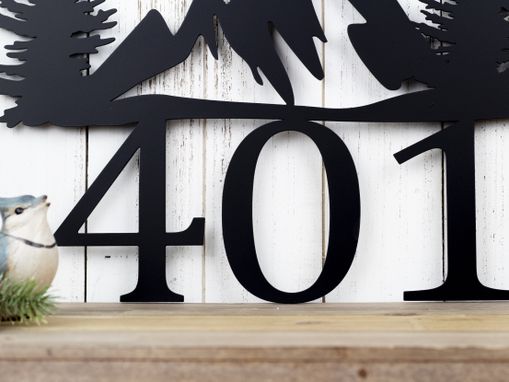 Custom Made Metal House Number Sign, Mountains, Pine Trees - Matte Black Shown