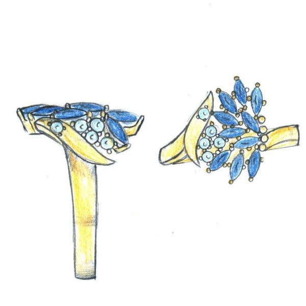Sketches for a beautiful cluster of marquise blue sapphires and round aquamarine in curves of gold.