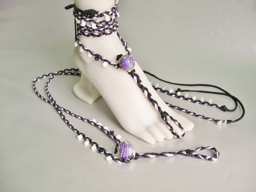Custom Made Barefoot Sandals. Black Deerskin, Purple And White Hemp Hand Braided. Soleless. Foot Jewelry.