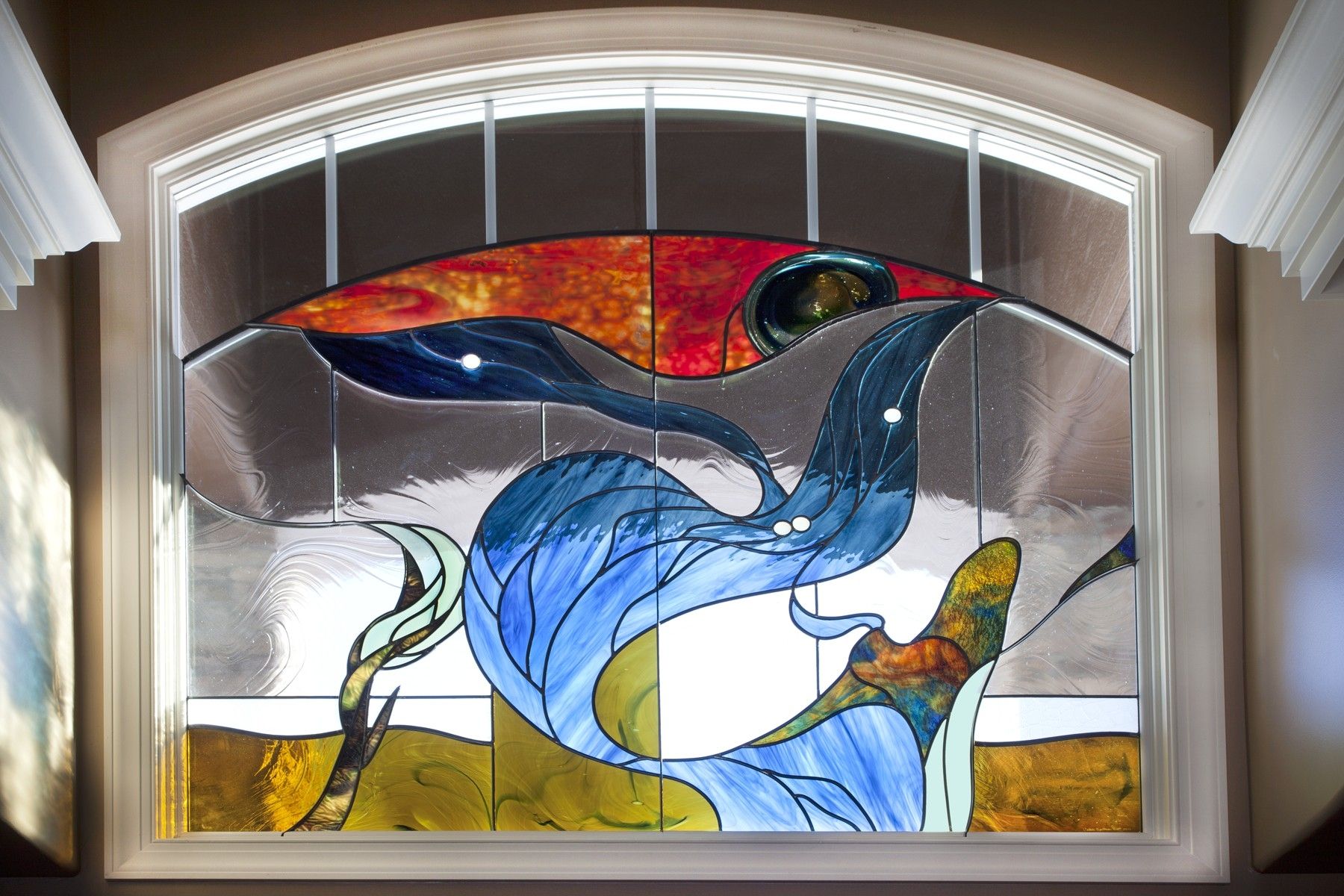 Custom Stained Glass Arched Transom Memorial Window by Painted Light