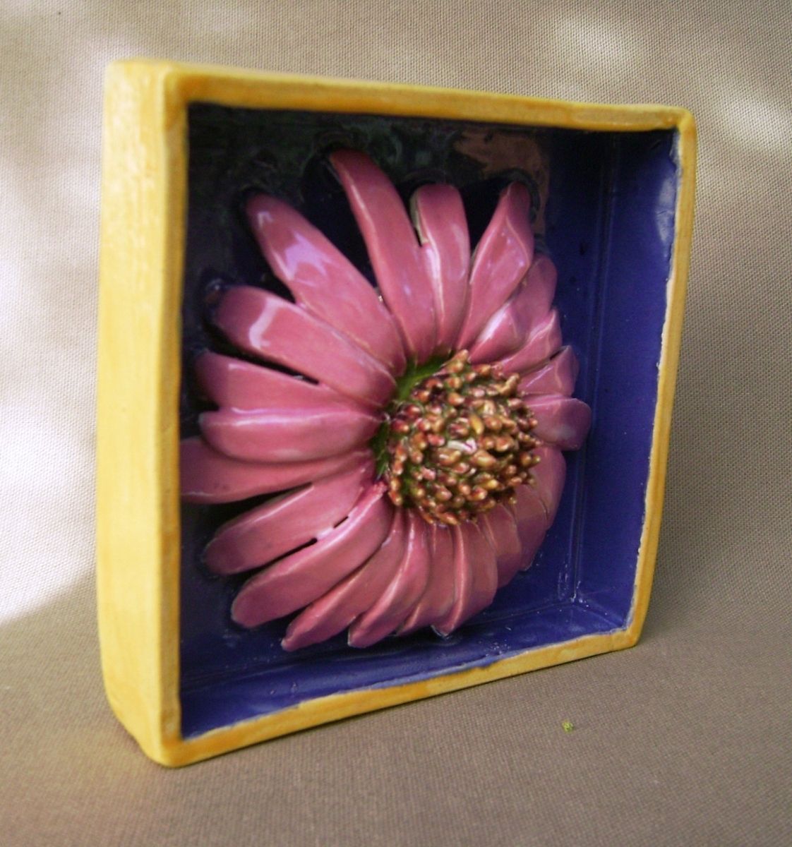 Hand Crafted Pink Daisy Delight Ceramic Shadow Box Wall Decor by Robin