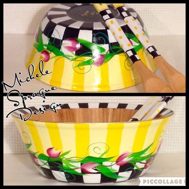 Custom Made Painted Bowl // Painted Salad Bowl Set // Whimsical Painted Wood Bowl Set