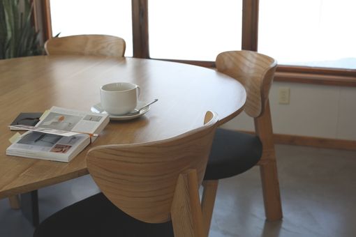 Custom Made Parabola-Shaped Oak Table With Ebonized Base