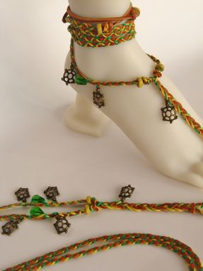 Custom Made Barefoot Sandals.Tan Deerskin, Turtle Charms, Gold And Green Hemp Cords. Gypsy. Boho. Foot Jewelry.
