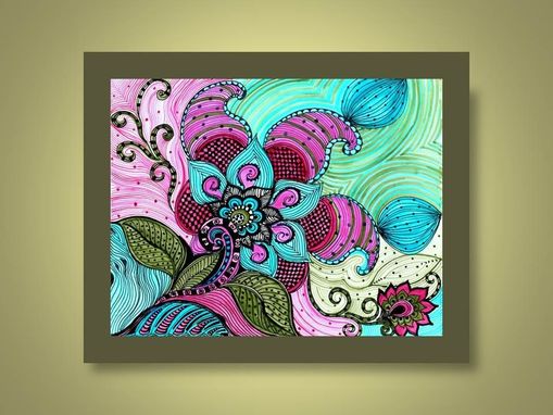 Custom Made Flower Paisley Fine Art Print-Pink Blue Green Flowers Ink And Acrylic