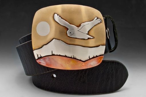 Custom Made Flying Snowy Owl Belt In Sterling Silver, Brass, And Copper