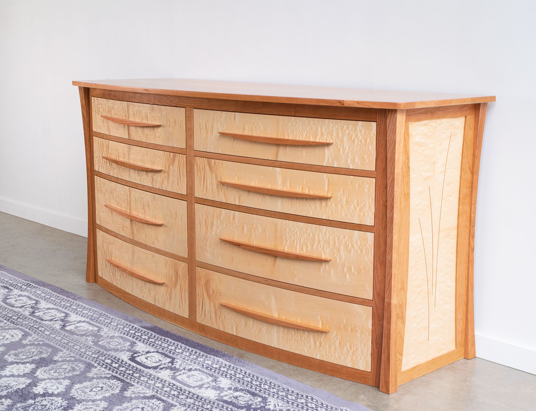 Hand Crafted Curved Front Dresser In Cherry And Curly Maple "Savanna