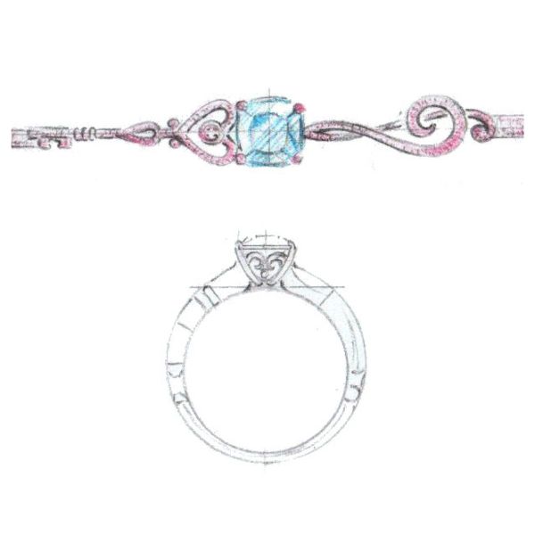 A key, a treble clef, and a birthstone harmonize to create this musical engagement ring.