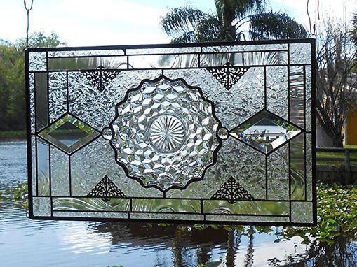 Custom Made Vintage Stained Glass Plate Panel - Depression Glass Fostoria American Window Valance