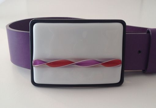 Custom Made White With Purple And Red Ribbon, Fused Glass Belt Buckle