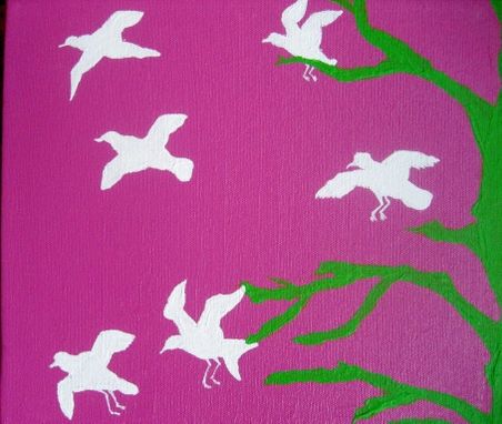 Custom Made Preppy Pink And Green Bird Silhouette Painting On Canvas