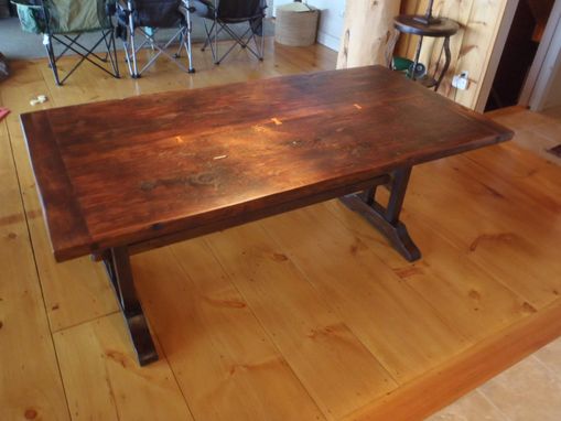 Custom Made Reclaimed Two Board Top Slab Top Trestle Table With Leaves With Custom Live Edge Bench