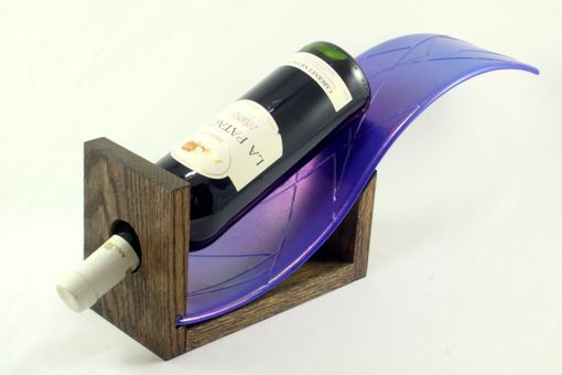 Custom Made Iridescent Blue Wine Bottle Holder With Oak Base