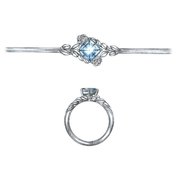 White gold roses grow around a sky blue topaz in our first rose engagement ring.