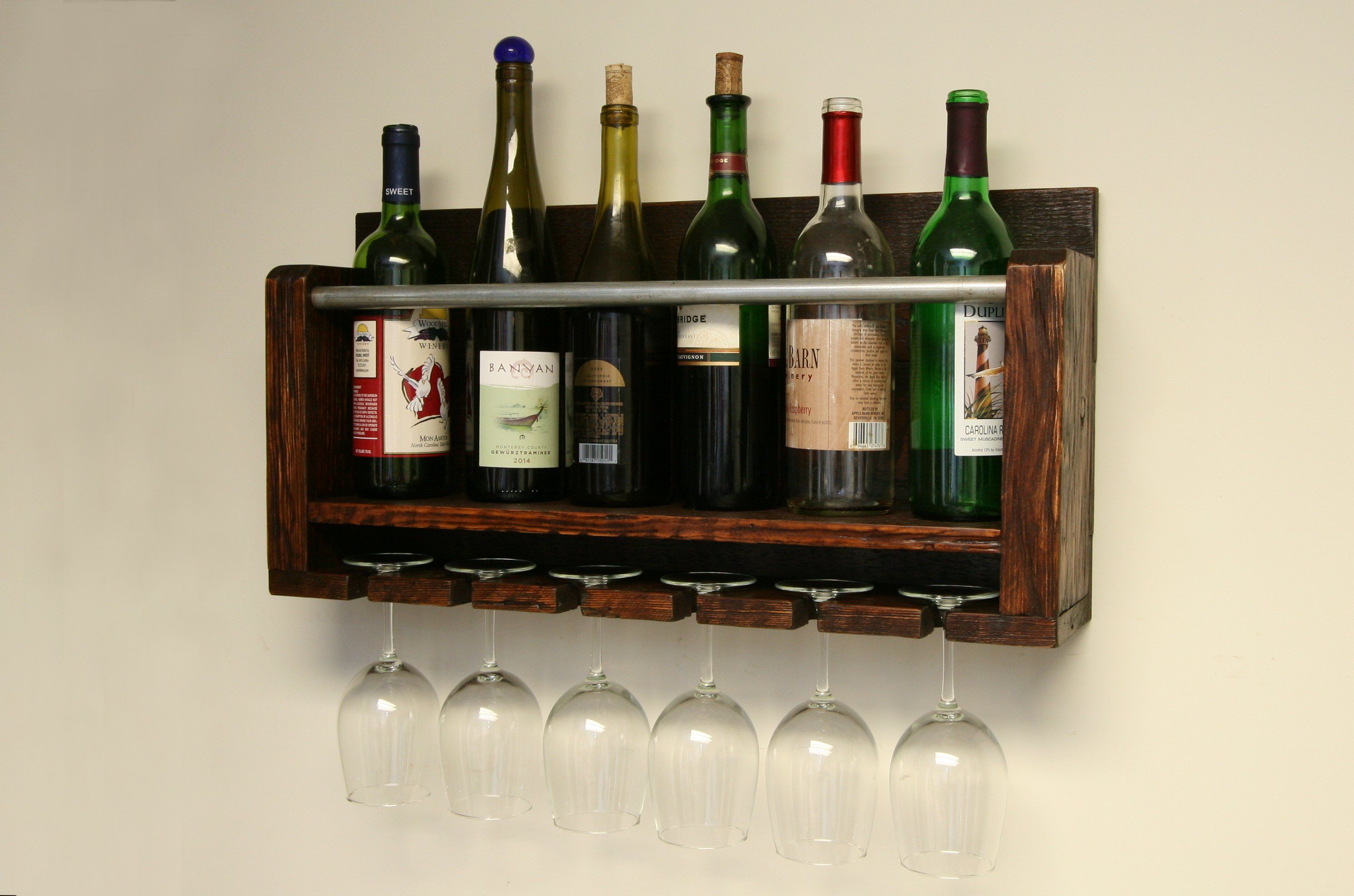 Wall Decor Primitive Vintage Handmade Wine Rack Custom Personalized Engraved Carved Custom Rustic 6 Bottle Wall Mount Wine Rack with 4 Glass Slot Holder 