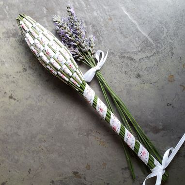 Custom Made Lavender Filled Handwoven Jacquard Wand Basket Embroidered Pink Garland Flowers On White