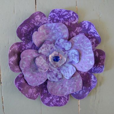 Custom Made Handmade Upcycled Metal Flower Wall Art In Blue, Purple, And Lavender