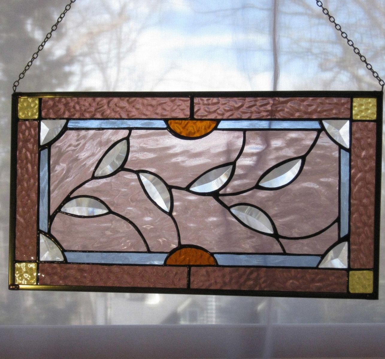 Hand Crafted Deco Leaves Rose Glass Window Panel By Windflower Design Custommade Com