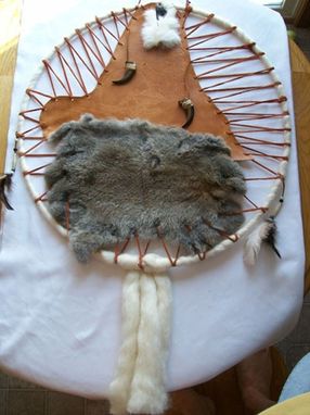 Custom Made Custom Leather Dream Catcher With Hand Tooled Leather Wolf Deign