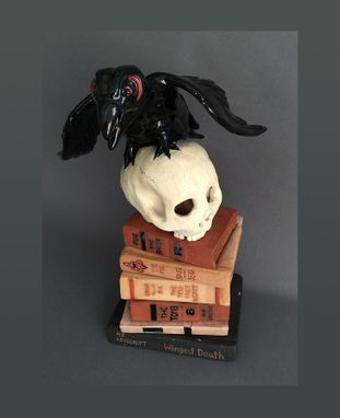 Custom Made Sculpture Of Raven On Stack Of Macabre Books