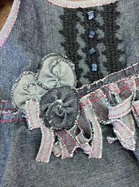 Custom Made Flower Motifs, Fringe And Red Stitch Blue Denim Dress