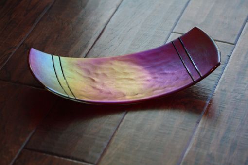 Custom Made Curved Glass Platter With Iridiscent Red Design