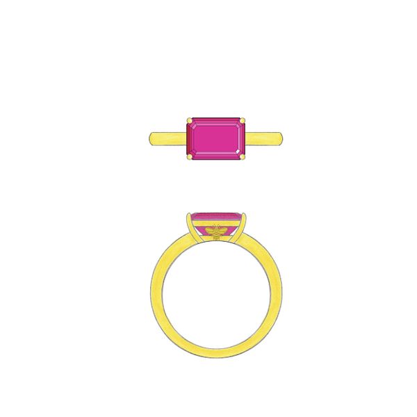 A honey bee hides away under the east-west-set tourmaline of this engagement ring.