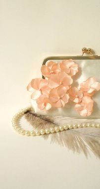 Custom Made Ivory Clutch Purse With Peach Flower Adornments