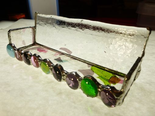 Custom Made Stained Glass Business Holder With Agate And Multicolored Glass Gems