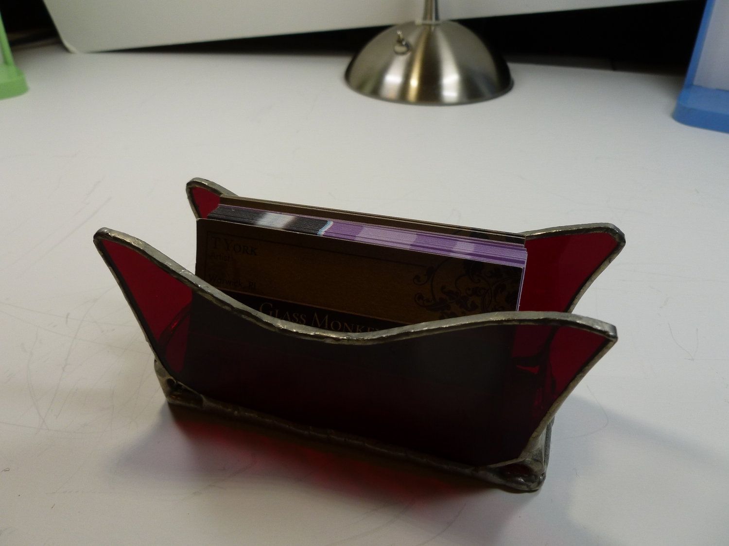 Handmade Custom Stained Glass Business Card Holder In Red by Glass